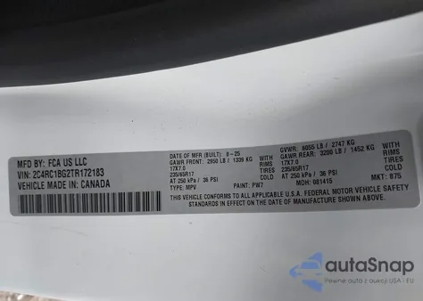 2026 Chrysler Pacifica Select z USA, uszkodzony, nr VIN 2C4RC1BG2TR172183